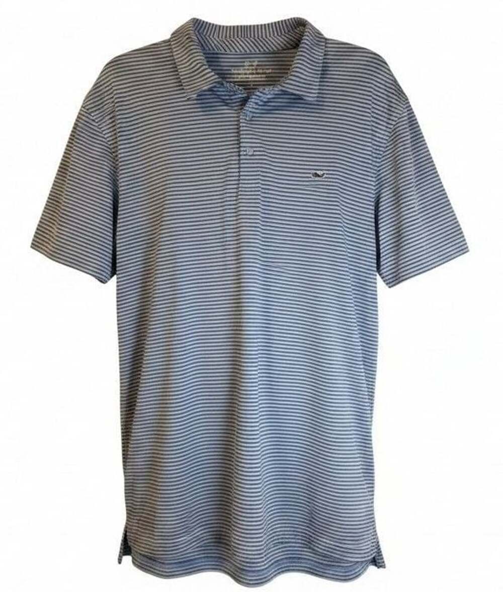 Vineyard Vines Men's Blue Striped Sankaty Performance Polo Shirt Size L